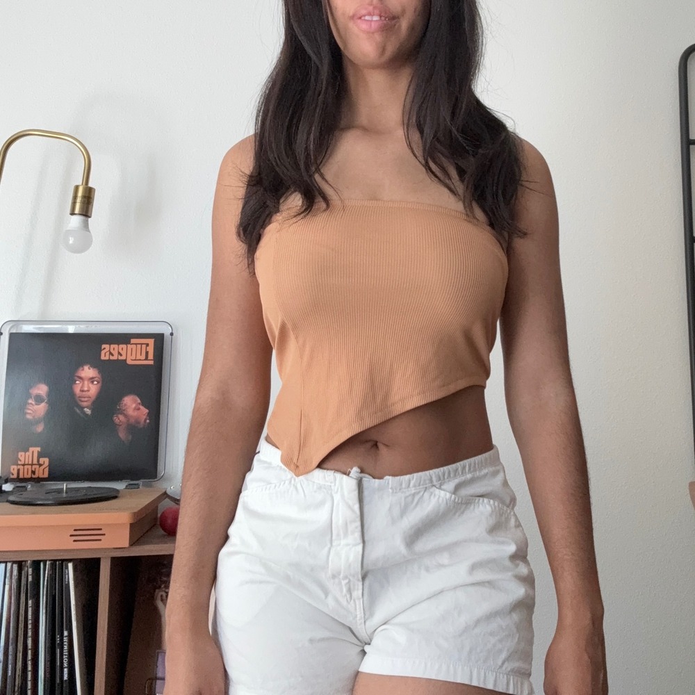 Tan Ribbed Asymmetrical Handkerchief Hem Tube Top Strapless Crop Top Small